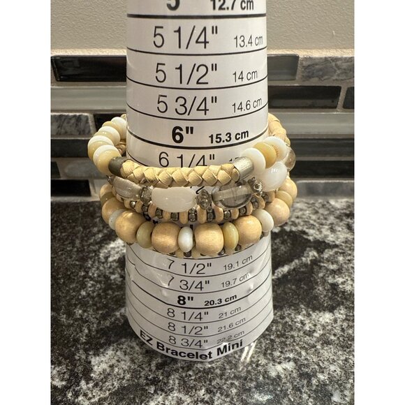 Multi-Strand Stretch Beaded Bracelet With Natural Beige & Metallic Accents - Picture 2 of 3